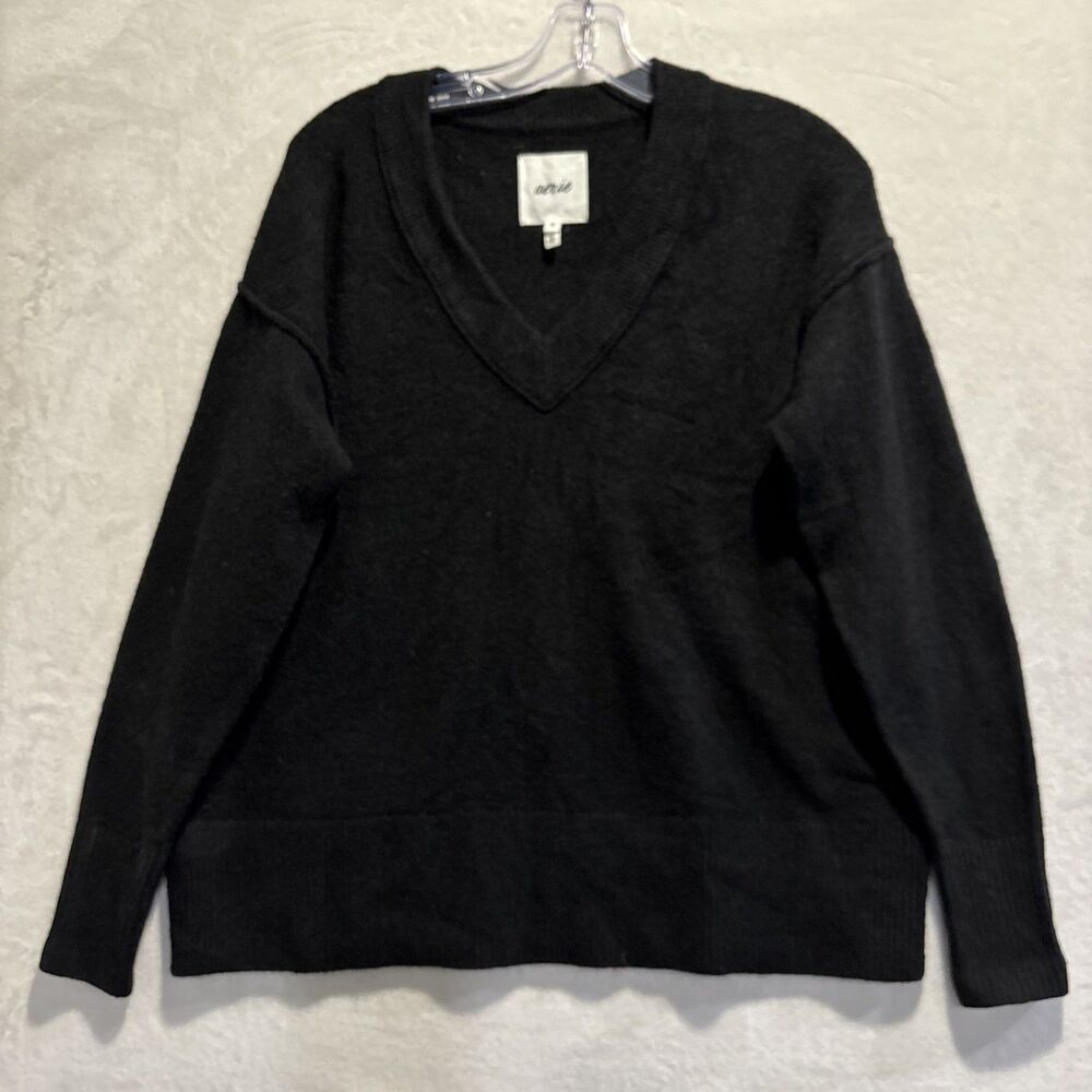 Aerie Unreal V Neck Black Oversized Slouchy Fuzzy Sweater Women's Size XXS